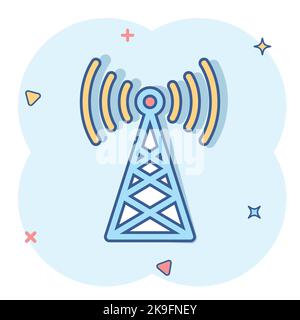 Antennenturm-Ikone im Comic-Stil. Broadcasting Cartoon Vektor-Illustration auf weißem Hintergrund isoliert. Business-Konzept mit WiFi-Splash-Effekt. Stock Vektor