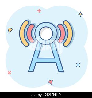 Antennenturm-Ikone im Comic-Stil. Broadcasting Cartoon Vektor-Illustration auf weißem Hintergrund isoliert. Business-Konzept mit WiFi-Splash-Effekt. Stock Vektor