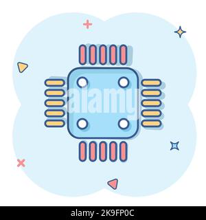 Computer cpu Icon im Comic Stil. Leiterplatte Cartoon Vektor Illustration auf weißem isolierten Hintergrund. Motherboard Chip Splash Effect Business Konz Stock Vektor