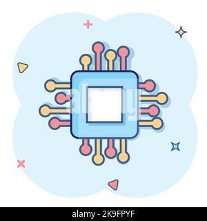 Computer cpu Icon im Comic Stil. Leiterplatte Cartoon Vektor Illustration auf weißem isolierten Hintergrund. Motherboard Chip Splash Effect Business Konz Stock Vektor