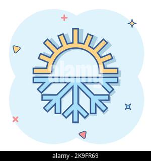 Snowflake und Sun Icon im Comic-Stil. Klimaregelung Cartoon Vektor-Illustration auf weißem Hintergrund isoliert. Heiße, kalte Temperatur Spritzer Effekt b Stock Vektor