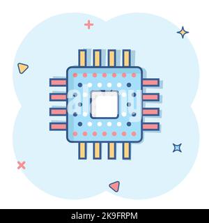 Computer cpu Icon im Comic Stil. Leiterplatte Cartoon Vektor Illustration auf weißem isolierten Hintergrund. Motherboard Chip Splash Effect Business Konz Stock Vektor