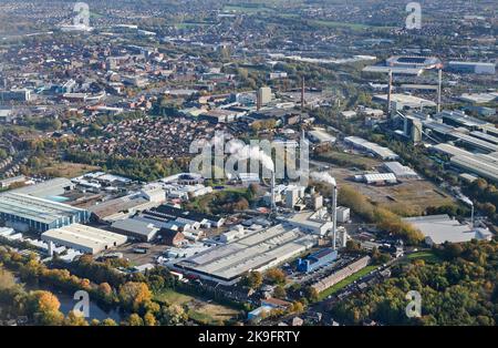 Eine Luftaufnahme der Glashütte, in der Heimat von Glass, St. Helens, Nordwestengland, Großbritannien Stockfoto