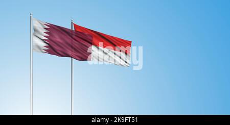 Qatar Flagge mit Indonesienflagge, 3D mit blauem Himmel Stockfoto