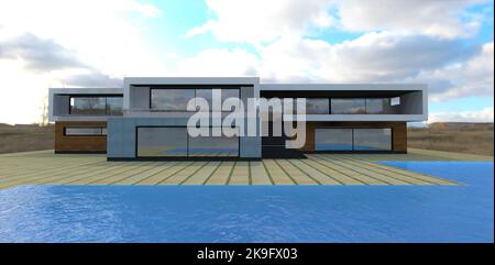 Neu gebautes Landhaus. Minimalistisches, modernes Design. Blauer Pool, wolkig. Pflasterstein aus Betonplatten. 3D Rendern. Stockfoto