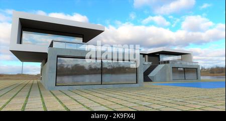 Ein minimalistisches Projekt eines modernen Landhauses mit Beton, mit einem Pool unter dicken weißen Wolken gegen einen blauen Himmel. 3D Rendern. Stockfoto