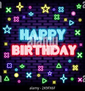 Alles gute zum Geburtstag Neon Schilder. Leuchtet mit buntem Neonlicht. Leichtes Banner. Stock Vektor