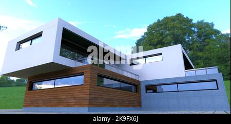 Kombinierte Fassadendekoration mit Holz und Beton. Modernes gemütliches Ferienhaus in einem minimalistischen Stil. Schmale verspiegelte Panoramafenster. 3D Rendern. Stockfoto