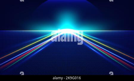 Abstrakte Technologie futuristisches Konzept neon glühende Beleuchtung Pfeillinien Weg Licht Burst auf dunkelblauen Raster perspektivischen Hintergrund. Vektorgrafik Stock Vektor