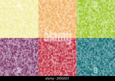 Set aus abstraktem Gelb, Orange, Grün, Blau, Rot, Lila Farben geometrische Dreiecke Formen Mosaik Muster Hintergrund. Vektorgrafik Stock Vektor