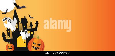 Happy Halloween Banner Vektor. Halloween Hintergrund mit Fledermäusen, Geistern und Kürbis in Papierschnitt-Stil. Halloween Poster Design. Stock Vektor