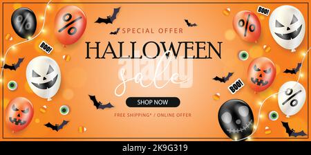 Happy Halloween Verkauf Banner Vektor. Halloween Hintergrund mit Fledermäusen, Geistern und Kürbis in Papierschnitt-Stil. Halloween Poster Design. Stock Vektor