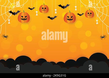 Halloween-Banner-Vektor. Happy Halloween Banner Hintergrund mit Wolken, Fledermäuse, Web und Kürbisse in Papier geschnitten Stil. Orangefarbener Hintergrund. Stock Vektor