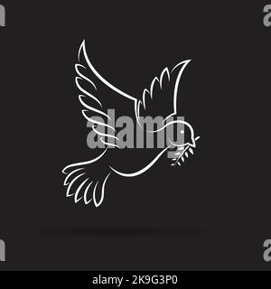 Vektor der weißen Friedenstaube mit Olivenzweig auf schwarzem Hintergrund. Vogeldesign. Tiere. Leicht editierbare Vektorgrafik mit Ebenen. Stock Vektor