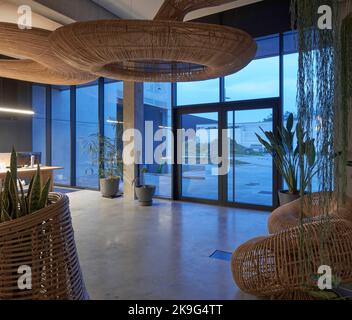 Fabrikbüro mit kurvenreichen Rattan-Installationen. Eisballfabrik, Waregem, Belgien. Architekt: Enter Architecture Ltd, 2022. Stockfoto