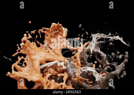 3D Render, White Liquids Splash, Abstract Fluid Background, Coffee Splash Concept Stockfoto