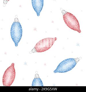 Aquarell Nahtloses Muster Mit Weihnachtsdekorationen. Spielzeug Aus Blauem Und Rotem Eiszapfen. Spielzeug Kugeln für den Weihnachtsbaum. Frohe Weihnachten. Stockfoto