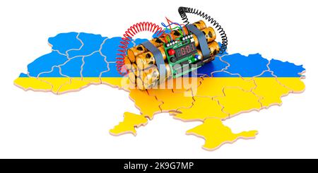 Schmutzige Bombe auf ukrainischer Karte. 3D Darstellung isoliert auf weißem Hintergrund Stockfoto