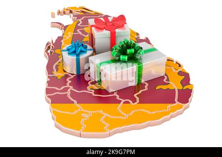 Geschenkschachteln auf der Sri-lankischen Karte. Weihnachten und Neujahr in Sri Lanka Konzept. 3D Darstellung isoliert auf weißem Hintergrund Stockfoto