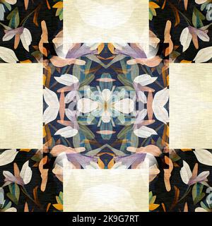 Gestepptes, nahtloses Muster im floralen Patchwork-Dessin. Verziertes Geo-Muster für exotische Naturtapeten. Cottagecore Blume Blütenblatt von Hand aus Bohemian nahtlos Stockfoto