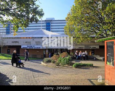 Eingang, Universitätskrankenhaus von Wales, Heath Park. Cardiff City. Oktober 2022. Herbst. Stockfoto