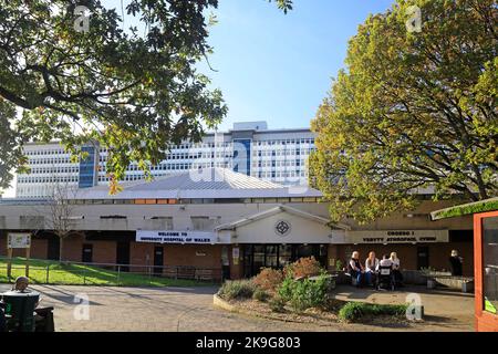 Eingang, University Hospital of Wales, Heath Park. Cardiff. Oktober 2022. Herbst. Stockfoto