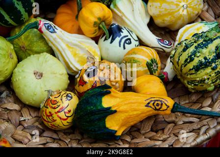 Kleine Kürbisse mit bemalten lustigen Gesichtern zum Verkauf auf dem Bauernmarkt als Dekoration im Herbst. Stockfoto