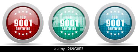 ISO 9001-Vektor-Symbolsatz, Sammlung glänzender Web-Tasten Stock Vektor