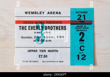 Ticket Stub für das Konzert der Everly Brothers am 21.. Oktober 1984 in der Wembley Arena, London, Großbritannien Stockfoto