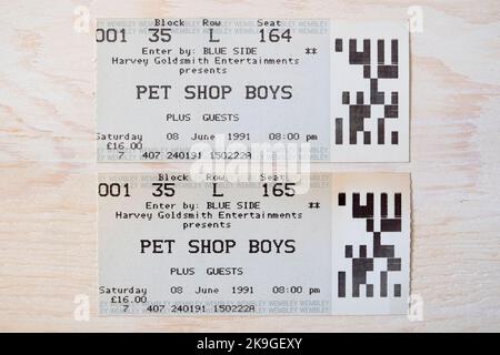 Ticket Stub für Pet Shop Boys Konzert am 8.. Juni 1991 in der Wembley Arena, London, Großbritannien Stockfoto