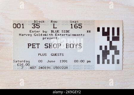 Ticket Stub für Pet Shop Boys Konzert am 8.. Juni 1991 in der Wembley Arena, London, Großbritannien Stockfoto