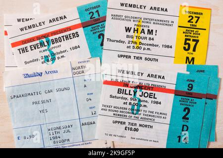 Tickets für die Konzerte der Everly Brothers, Wham, Billy Joel & Yes im Jahr 1984 in der Wembley Arena, London, Großbritannien Stockfoto