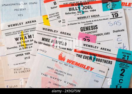 Tickets für die Konzerte der Everly Brothers, Wham, Mike Oldfield, The Gipsy Kings & Yes in der Wembley Arena, London, Großbritannien, 1980s Stockfoto