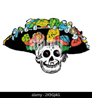 Farbe mit heller mexikanischer Fiesta. Piratenschädel mit einem Fedora-Hut mit breiter Krempe, bedeckt mit hellen Blumen. Zeichnung im Fiesta-Modus. Halloween-Pirat Stock Vektor