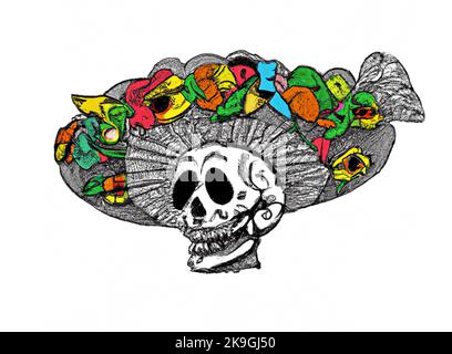 Klassische Darstellung des Tages der Toten. Farbe mit hellen mexikanischen Festa-Farben. Totenkopf mit einem Fedora-Hut mit breiter Krempe, bedeckt mit Blumen. Fiesta Mod Stock Vektor