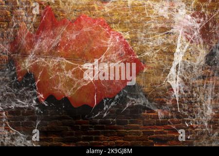 Abstrakter Hintergrund mit Herbstblatt und Spinnennetz auf Ziegelwand. Stockfoto