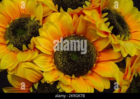 Gelber Sonnenblumenstrauß, Hintergrund, Herbstkonzept, Draufsicht, Platz für Text Stockfoto