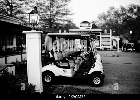 Eine Graustufenaufnahme einer Reihe geparkter Golfwagen auf dem Deerfield Golf- und Country Club-Gelände Stockfoto