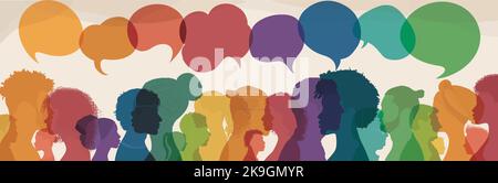 Sprechblase.Silhouette führt Männer und Frauen im Profil.Gespräch Dialog und inform.Communicate zwischen einer Gruppe von multikulturellen Menschen, die sprechen. Team Stock Vektor