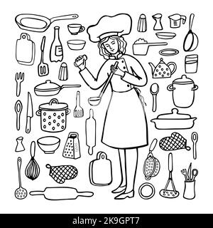 Küchenchefin und Küchengeräte. Schwarz-Weiß-Zeichnung im Doodle-Stil. Set mit Küchenutensilien Stock Vektor
