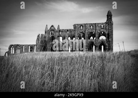 Die Ruinen der Abtei von Whitby in Schwarzweiß, 24.. Oktober 2022 Stockfoto