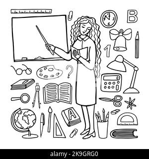 Die Versorgung der Lehrerin und des Lehrers. Schwarz-Weiß-Zeichnung im Doodle-Stil. Stock Vektor
