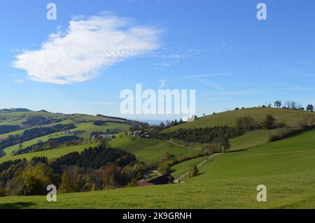 Hochkogel im Herbst, grüne Hügel und blauer Himmel, Mostviertel in Niederösterreich Stockfoto