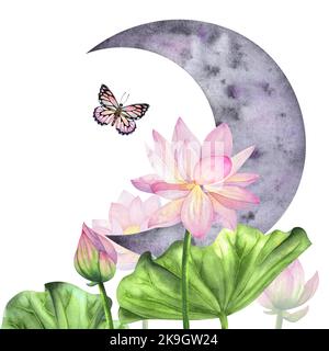 Eine Komposition mit Lotusblumen und einem in Aquarell gemalten Halbmond, isoliert auf weißem Hintergrund. Für Design, Dekoration, Verpackung, Postauto Stockfoto
