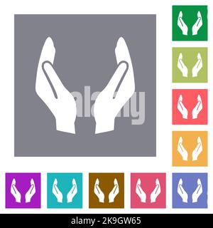 Leere Schutzhände durchgehende flache Symbole auf einfachen farbigen quadratischen Hintergründen Stock Vektor