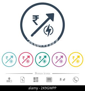 Steigende Stromenergie Indische Rupie preisst flache Farbakzente in runden Umrissen. 6 Bonus-Symbole enthalten. Stock Vektor