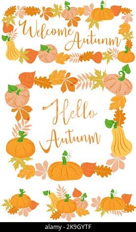 Eine Reihe von Rahmen und Kompositionen für Postkarten. Kürbisse und Herbstblätter in Orange. Die Inschrift Hallo, Herbst . Geeignet für Plakate und Einladung Stock Vektor