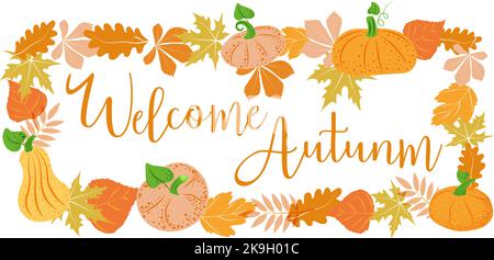 Rahmen und Kompositionen zum Dekorieren von Postkarten. Kürbisse und Herbstblätter in leuchtendem Orange. Die Inschrift Hallo, Herbst . Geeignet für Plakate und ich Stock Vektor