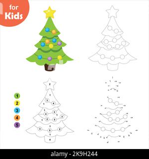 Weihnachtsbaum, eine Reihe von Kinderspielen entwickeln. Punkt für Punkt, Färbung. Stock Vektor