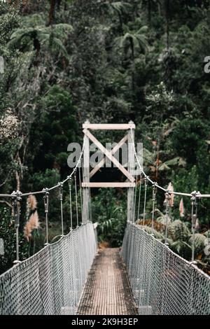 Alte schmale lange hölzerne Hängebrücke mit dünnen Drahtgeländern und dicken Metallseilen, die den Wald auf der neuseeländischen Donut-Insel durchqueren Stockfoto